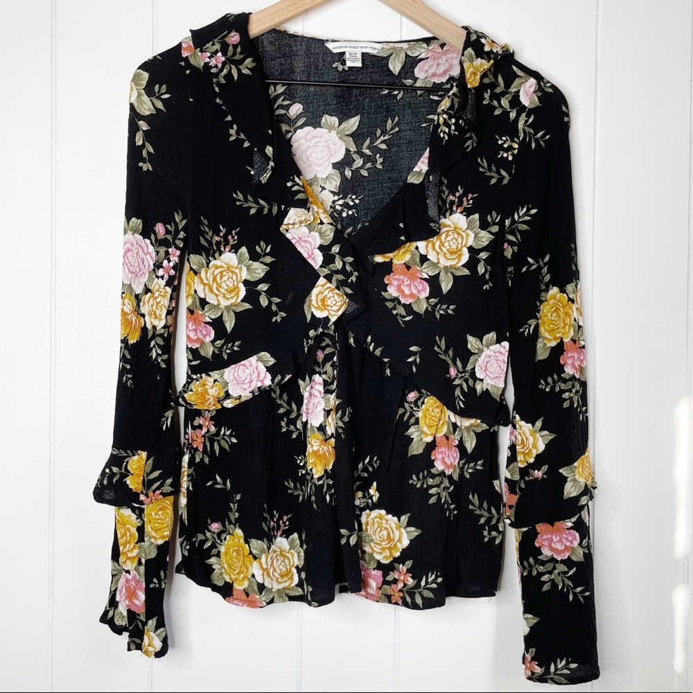 AE Outfitters Layered Ruffled Bell Sleeve Floral Boho Blouse, Sz XS
